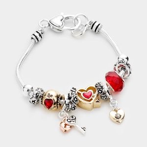 Gold Multi Charm Heart Lock and Key Bead Jewelry Bracelet Dangling Red Silver